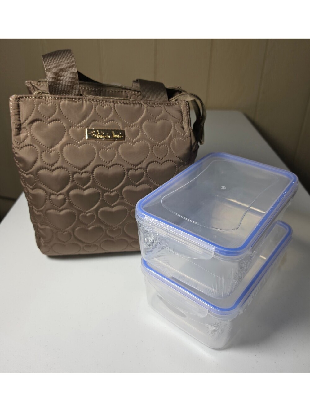 Betsey Johnson Taupe Heart Quilted Tote Bag with Two Clear Storage Containers